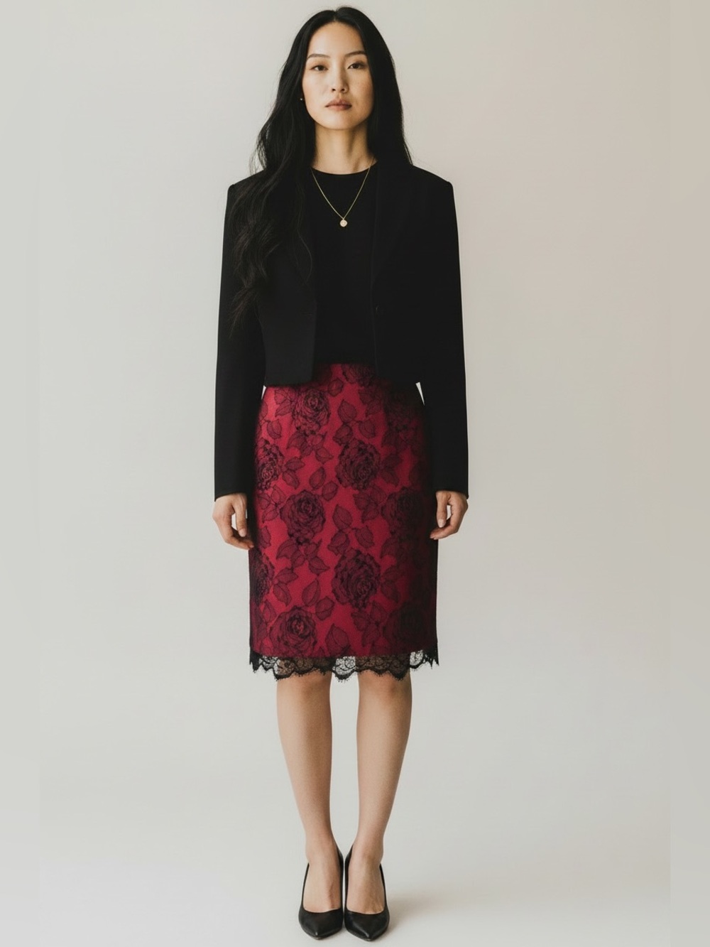 Rickie Freeman for Teri Jon Nites Black FloralLace-Overlay Pencil Skirt Ruby Red